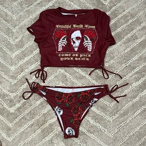 Maroon Rose Skull Bikini; Beautiful Death Room Red Bikini; Large Dark Red Bikini